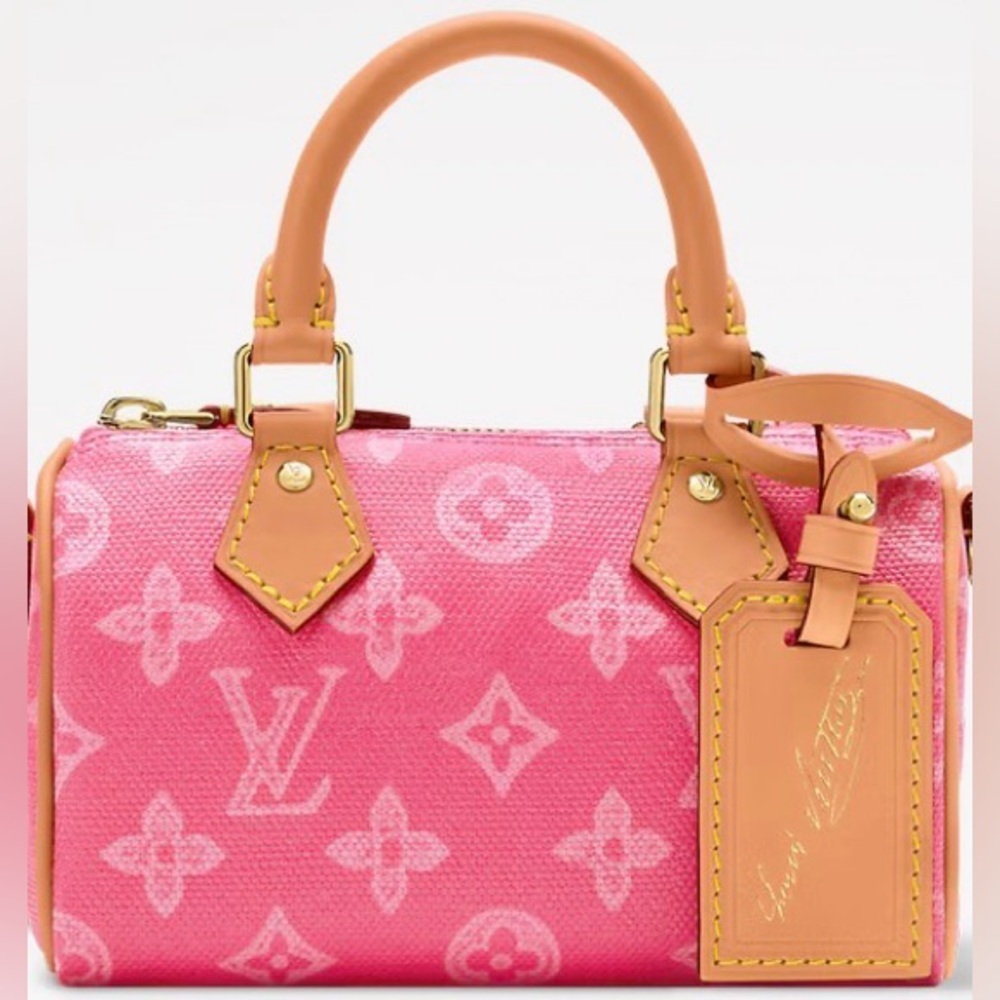 NEW! Pink LV Linen Nano speedy bag + leather tag & strap